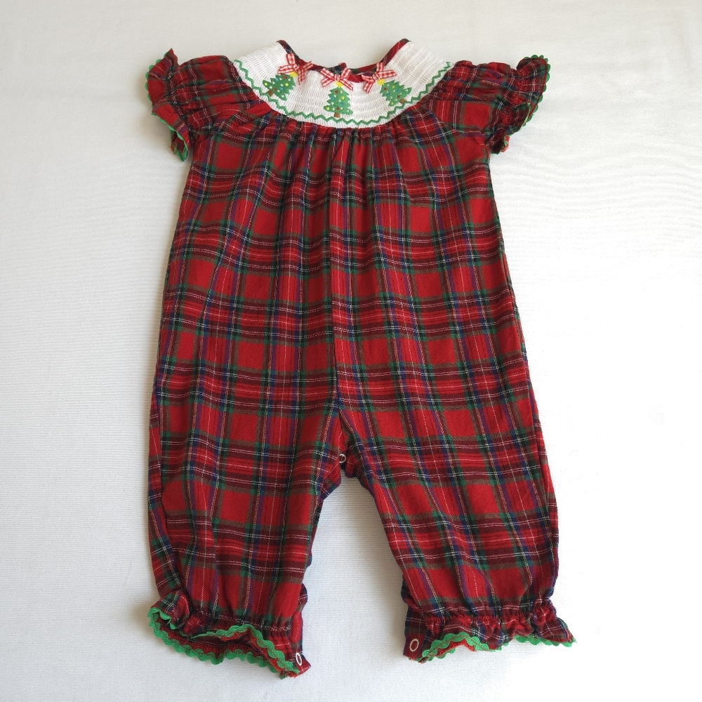 Lil Cactus Red & Green Tartan Plaid Christmas Tree Smocked Playsuit